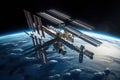 Earth's orbital satellites fly around it, communication satellites in space, generative AI.