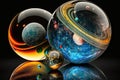 Earth, Saturn, Jupiter, Moon. Shiny marble cosmos. Sun, stars, planets and galaxies inside a glass globe orb bowling ball. Royalty Free Stock Photo