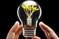 Earth saving concept: hands holding a light bulb with a plant inside, symbolizing growth