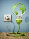 Earth shaped lightbulb plugged to electric socket. Sustainability concept. 3D illustration