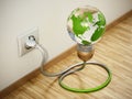 Earth shaped lightbulb plugged to electric socket. Sustainability concept. 3D illustration