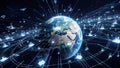 Global digital network connecting cities and industries with glowing lines and representing data flow and technology Royalty Free Stock Photo
