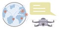 Global quadcopter Communication Concept with Map Markers, Chat Bubble, and Surveillance Quadcopter Royalty Free Stock Photo