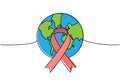 Earth silhouette with aid ribbon colored one line continuous drawing. World map silhouette continuous one line colorful