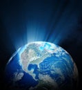 Earth in the space with glowing north america continent. 3D illustration Royalty Free Stock Photo