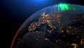 Earth from space night skyline. The globe spinning on satellite view space travel. Realistic 3d rendering animation. elements of