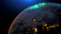 Earth from space night skyline. The globe spinning on satellite view space travel. Realistic 3d rendering animation. elements of Royalty Free Stock Photo