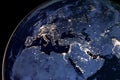 Earth from space at night. View from satellite orbit to the lights of cities in Europe, the Middle East and North Africa on the Royalty Free Stock Photo