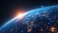 Earth from space shows continents at night with city lights, network connections. Digital globe visualisation illustrates Royalty Free Stock Photo