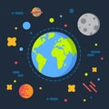 Earth in space vector illustration, solar system universe, moon, starts flat cartoon design Royalty Free Stock Photo