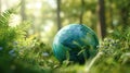 The Earth Sphere Surrounded by Lush Greenery in a Sunlit Forest AI generated image Royalty Free Stock Photo