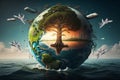 Earth split into two halves one half showcases nature with a massive tree, while the other features urbanization and pollution. Royalty Free Stock Photo