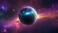 earth and sun A spherical panorama of a space scene with a blue and green exoplanet, a purple and pink nebula, Royalty Free Stock Photo