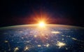 Earth, sun, star and galaxy. Sunrise over planet Earth, view fro Royalty Free Stock Photo