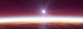 Earth sunrise from space over cloudy ocean. 3d rendering Royalty Free Stock Photo