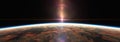 Earth sunrise from space over cloudy ocean. 3d rendering Royalty Free Stock Photo