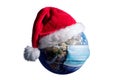 Earth With Surgical Mask and Santa Hat - Virus Infection Covid 19 - World with Coronavirus - Christmas Concept 3D Illustration