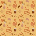 Earth tone pattern. Boho elements folk ornate snake baby rainbow shapes vase with plant moon eye Tribal background