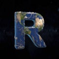 Earth uppercase letter R isolated on dark space background