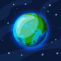 Earth vector cartoon and flat illustration. Green and blue Earth planet in starry space with atmosphere glowing. Vector Royalty Free Stock Photo