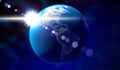 Earth - view from space at North, South and Central America, sun glare - 3D illustration Royalty Free Stock Photo