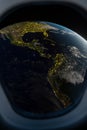 Earth view from spaceship window. 3D render