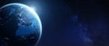 Earth viewed from space for global business, technology, finance, worldwide communications, internet concepts. Wide panoramic Royalty Free Stock Photo