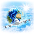 Earth with water and airplane Royalty Free Stock Photo