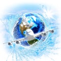 Earth with water and airplane Royalty Free Stock Photo