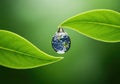 Earth in water drop reflection under green leaf, Together We Can Save Our World Concept Royalty Free Stock Photo