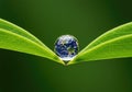 Earth in water drop reflection under green leaf, Together We Can Save Our World Concept Royalty Free Stock Photo