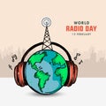 Earth wearing Headphones, World Radio Day Concept hand drawn Vector Illustration. Royalty Free Stock Photo