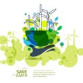 Earth with wind turbines on hand. Vector illustration of windmill.