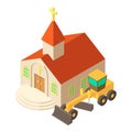 Earth work icon isometric vector. New motor grader near catholic church building