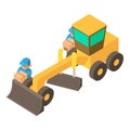 Earth work icon isometric vector. Two man worker with box near motor grader icon