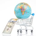 earth world globe in a grocery basket with dollars on a white background. the concept of the sale of land resources. worldwide