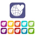 Earth world globe with heart icons set Royalty Free Stock Photo