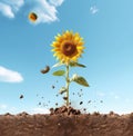 Earthbound Flight: Sunflower and Bee Amidst Exacting Precision AI Generated