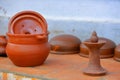 Earthen pots arranged in pot making place Royalty Free Stock Photo