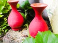 Earthen pots placed side by side for flowers placed in a garden