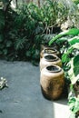 Earthen water jar in garden. rain pot reservoir