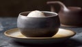 Earthenware bowl holds steamed dessert, tea set in background generated by AI