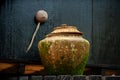 Earthenware bowl Looks old and has moss Dark backdrop Asians tend to put drinking water in front of the house