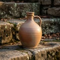 Earthenware jug with a handle sits on weathered stone steps covered in moss and Royalty Free Stock Photo