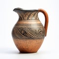 Earthenware Jug With Intricate Aztec Design On White Background
