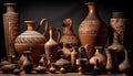 Earthenware pottery collection, ancient craftsperson creativity showcased generated by AI