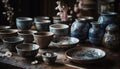 Earthenware pottery collection, ornate patterns, rustic decoration generated by AI