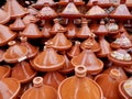 Earthenware tajine pots for sale in souk of Marrakech, Morocco.