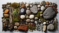 Earthly fusion abstract collage of wood, stone, moss, and mushrooms blending harmoniously