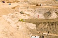 Earthmover preparing ground for future building construction. aerial photo